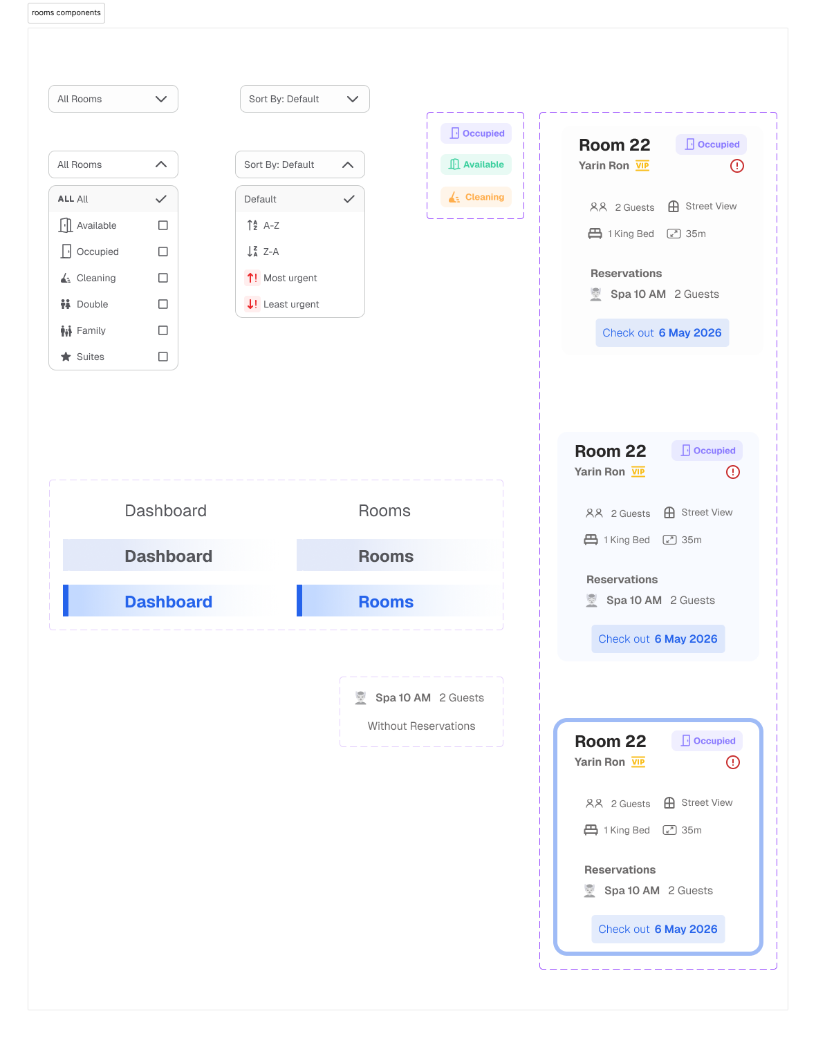 Room management components — cards, filters, navigation